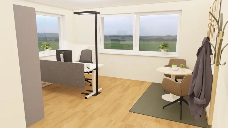 Visualisierung: eigenes Büro mit Schreibtisch und kleiner Besprechungsecke