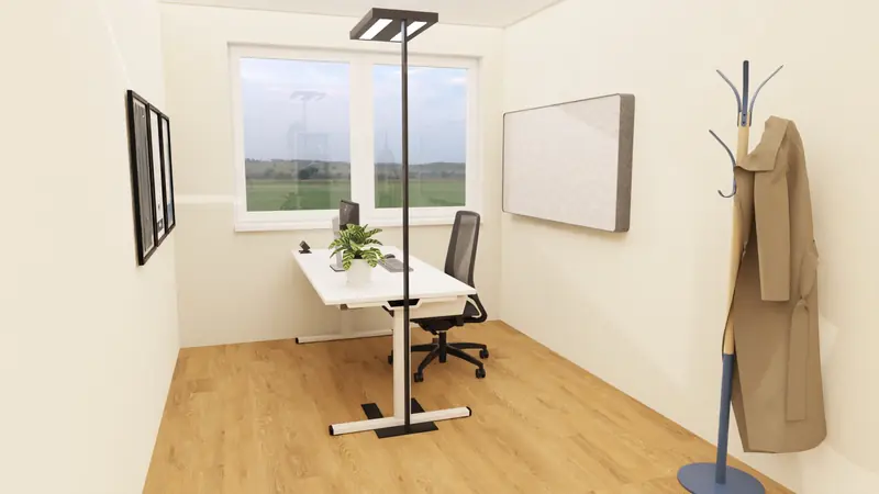 Visualisierung: kleines Einzelbüro mit Schreibtisch am Fenster