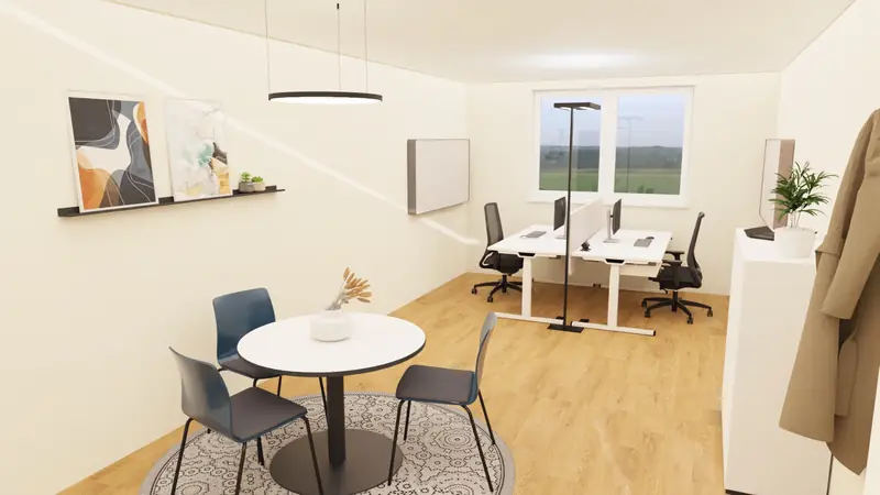 Visualisierung: Büro mit zwei Schreibtischen und runder Sitzecke