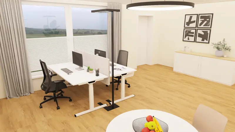 Visualisierung: helles Büro mit zwei Schreibtischen und Blick ins Grüne