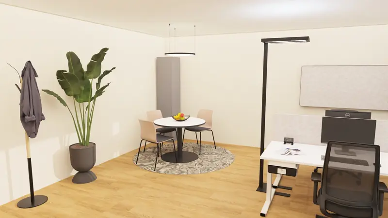 Visualisierung: Büro mit runder Sitzecke und Arbeitsplatz